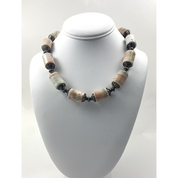 Hand Crafted Barrel Porcelain Beads Choker Bib Necklace Earth Tone Faux Jasper - Picture 2 of 11